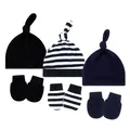 Detailed view of baby knotted hats and anti-scratch mittens in solid and striped colors - One Size / Black + B&W Stripes + Navy Blue