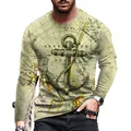 Men's long sleeve T-shirt featuring a vintage nautical map and anchor graphic detail - 6XL / Tops / Beige Vintage Nautical Map (CT-100-2)
