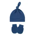 Detailed view of dark blue baby knotted hat and anti-scratch mittens set - One Size / Sapphire Blue