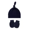 Detailed view of navy blue baby knot beanie hat and matching anti-scratch mittens set - One Size / Navy Blue