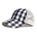 Stylish women's black and white plaid trucker hat with breathable mesh back for sun protection - Adjustable / Black