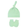 Soft mint green baby knot beanie hat and matching anti-scratch mittens set for infants - One Size / Bean Green