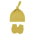 Detailed view of soft mustard yellow baby knot hat and anti-scratch mittens set - One Size / Olive Green