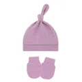 Purple soft cotton baby top knot hat and matching anti-scratch mittens set for newborn - One Size / Antique Purple