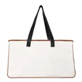 Large canvas tote bag with brown trim and black straps for beach travel - White with Black Handle