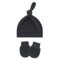 Dark gray infant knot beanie hat and matching anti-scratch mittens set on white background - One Size / Black and Gray