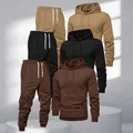 Men's fashion tracksuit set including hoodie and sweatpants in three colors - Khaki + Black + Dark Brown (3 Sets)