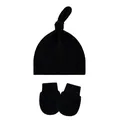 Set of black ribbed baby knot hat and matching anti-scratch mittens on white background - One Size / Black