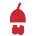 High-quality detailed view of red cotton baby knot hat and matching mittens set - One Size / Red