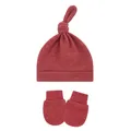 Newborn baby red heather knot beanie hat and matching anti-scratch mittens set - One Size / Floral Red