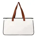 Spacious white canvas beach tote bag featuring black trim and brown leather handles. - White with Brown Handle