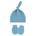 Blue soft cotton baby knot hat and anti-scratch mittens set for newborns. - One Size / Heather Blue