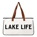 Bolso de playa grande de lona con estampado LAKE LIFE y asas de cuero marrón resistentes - LAKE LIFE