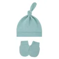 Soft cotton baby knot hat and anti-scratch mittens set in refreshing mint green color. - One Size / Heather Gray