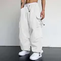 Men's stylish white quick-dry nylon cargo parachute pants with loose wide-leg fit design - S / Milky White