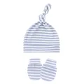 Close-up view of a soft baby knot hat and anti-scratch mittens in grey stripes - One Size / Grey and White Stripes