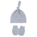 Grey cotton baby knot hat and matching anti-scratch mittens set for newborns and infants - One Size / Gray