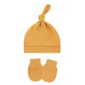 Soft mustard yellow cotton knit baby knot hat and matching anti-scratch mittens set - One Size / Ginger Yellow