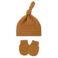 Soft cotton infant knot hat and anti-scratch mittens set in a solid caramel brown color. - One Size / Caramel color