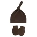 Detailed view of the deep brown soft cotton baby knotted hat and anti-scratch mittens set - One Size / Coffee