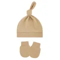Premium soft knitted baby knotted hat and anti-scratch mittens set in tan brown color - One Size / Khaki