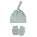 Detail view of light blue baby knotted hat and matching anti-scratch mittens set - One Size / Blue Grey