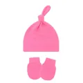 Detailed view of soft pink cotton baby knotted beanie hat and scratch mittens set for newborns - One Size / Rose Red