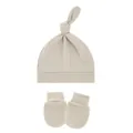 Soft cotton baby knot hat and anti-scratch mittens set in oatmeal beige - One Size / Milk Tea