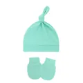 Soft mint green baby knotted beanie hat and matching anti-scratch mittens set for newborn - One Size / Light Lake Blue