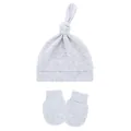 Detail view of a soft grey knotted baby hat and matching scratch-proof mittens set - One Size / Light Gray