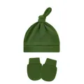 Close-up view of a green knotted baby beanie and matching anti-scratch mittens set - One Size / Light Army Green