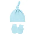 Macro detail view of a soft light blue baby top-knot hat with matching scratch mittens set - One Size / Light Blue