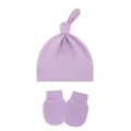 Lavender baby knotted hat and anti-scratch mittens set in soft knitted cotton fabric - One Size / Light Purple