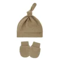 Newborn baby knotted hat and mittens set in soft breathable cotton fabric for summer - One Size / Dark Khaki