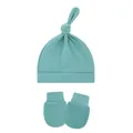 Detailed view of soft teal baby knotted hat with matching anti-scratch mittens set - One Size / Fog Blue