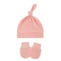 Soft pink baby knot beanie hat and matching anti-scratch mittens set for newborns. - One Size / Shrimp Pink