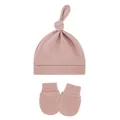 Soft pink breathable baby knit hat with top knot and matching anti-scratch mittens set - One Size / Taro