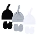 Set di 3 cappellini a nodo per neonati e muffole antigraffio in nero grigio e bianco - Taglia unica / Nero + Bianco + Grigio