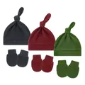 Soft cotton baby knot hats and matching anti-scratch mittens set in multi-colors - One Size / Dark Gray + Wine Red + Light Army Green