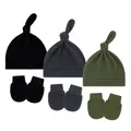 Baby knotted beanie hat and anti-scratch mittens set in black, gray, and olive green - One Size / Black + Dark Gray + Army Green