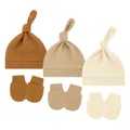 Three-set solid color knotted baby hats with matching anti-scratch mittens for newborns - One Size / Caramel + Khaki + Apricot
