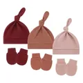 Soft cotton baby knot hat and anti-scratch mitten sets in three warm solid colors - One Size / Wine Red + Dark Orange + Taro