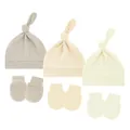 3 sets of baby knotted beanies and matching anti-scratch mittens in solid neutral colors - One Size / Milk Tea + Apricot + Beige