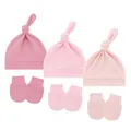 Set of 3 soft cotton baby knot hats and matching anti-scratch mittens in pink shades - One Size / Deep Pink + Pink + Light Pink