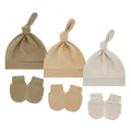Set of three baby knotted top beanies with matching anti-scratch mittens in earth tones - One Size / Dark Khaki + Khaki + Milk Tea