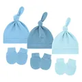 Essential baby knotted hats and matching anti-scratch mittens in three shades of blue - One Size / Sky Blue + Heather Blue + Light Blue