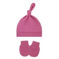 Soft pink cotton baby knot hat with matching anti-scratch mittens set for newborns. - One Size / Heather Magenta