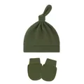 Soft dark olive green baby knot hat and matching anti-scratch mittens set for infants - One Size / Army Green