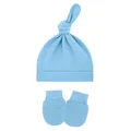 Soft light blue baby knot beanie and matching anti-scratch mittens set for newborn infants - One Size / Sky Blue