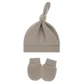 Soft and breathable knot-top baby hat with matching anti-scratch mittens set in taupe - One Size / Flaxen